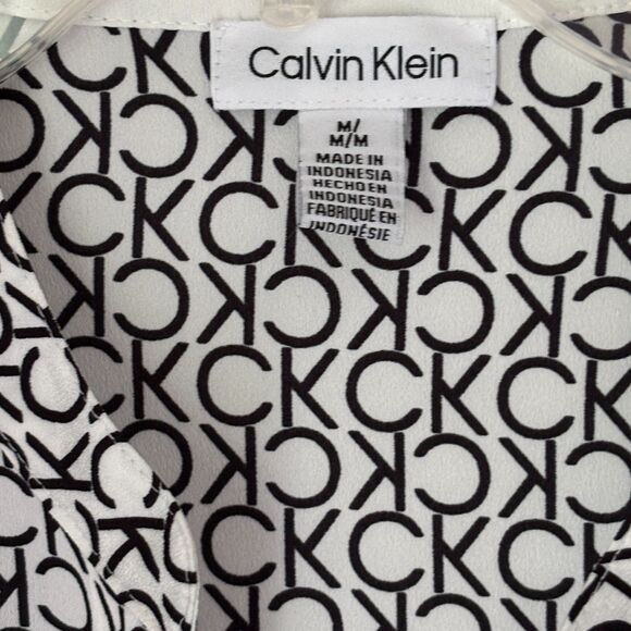 Calvin Klein Roll Sleeve V Neck Button Down CK Logo Size M Dressy Blouse #BD - Picture 4 of 10